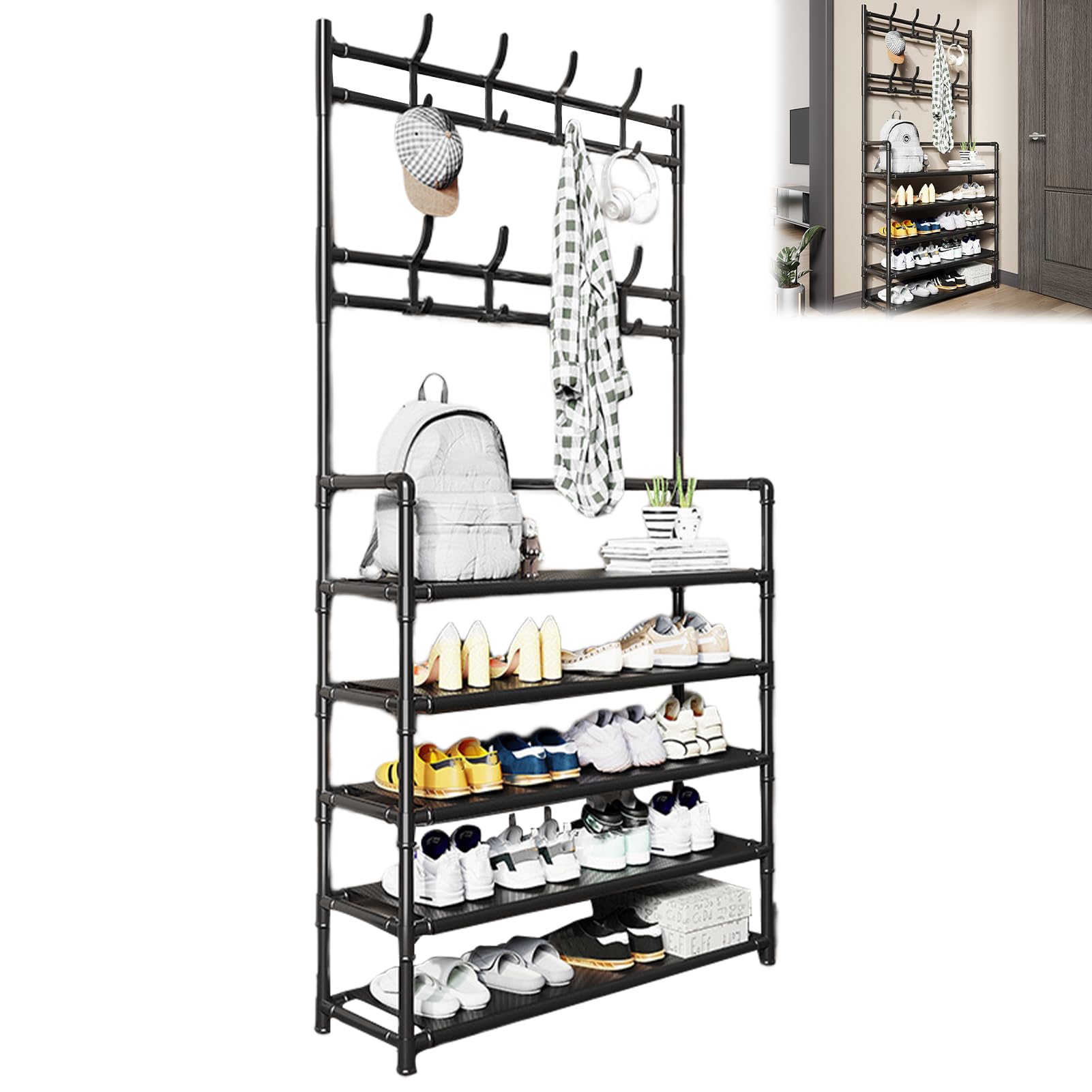 Meuble d'entrée 3-en-1 avec porte-manteau suspendu et meuble à chaussures 5 étages
