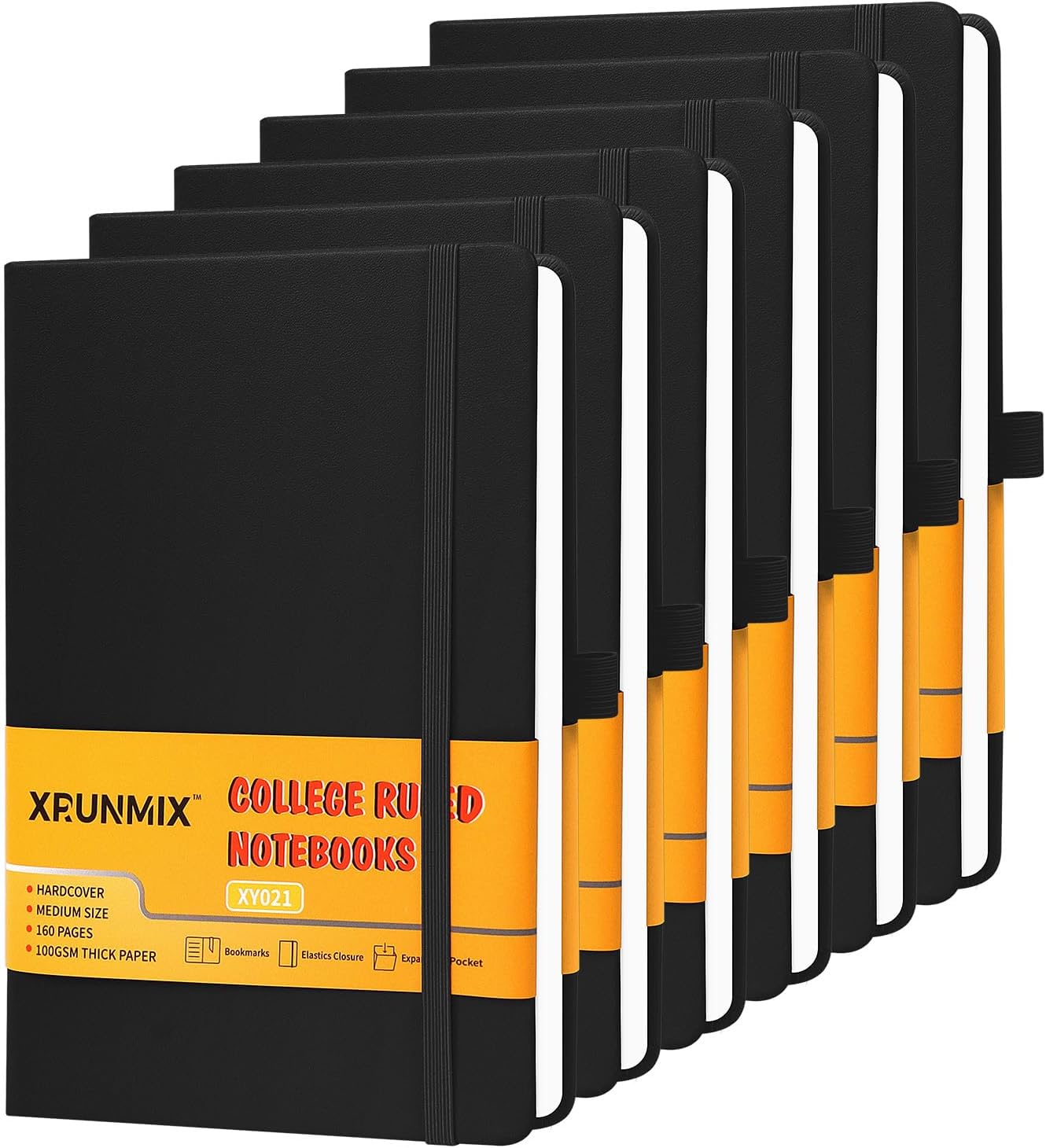 Lined Journals for Writing, A5 Notebooks (5.7 x 8'') with 160 Pages, 100 GSM Premium Paper, Ribbon Bookmark, Elastic Band & Inner Pocket - Perfect for Work, Journaling, Note-Taking & Gifting (Black - 6 Packs)