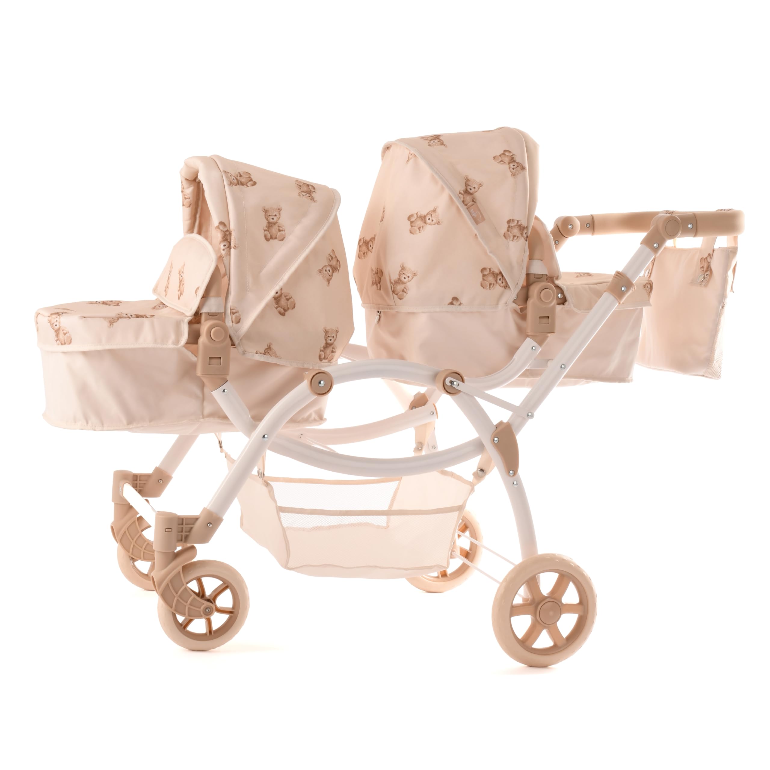 Teddy Twin Luksusowy Wózek dla Lalek Bliźniaków – Podwójny 3w1, Kremowy w Misie – Regulowana Rączka (50-88 cm) – Dla Dzieci 3-7 Lat