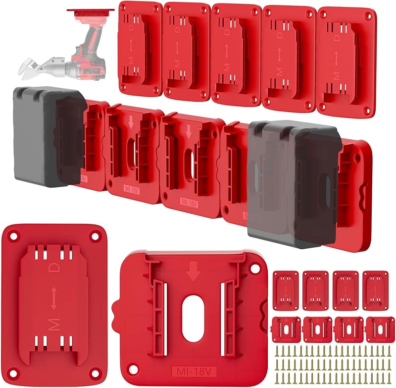 20Packs Tool Holders Battery Holders Compatible for Milwaukee 18V | Wall Mount Garage Storage System, 10 Power Tool Racks & 10 Battery Mount , Heavy Duty Organizer Wall, Work Van, Shelf