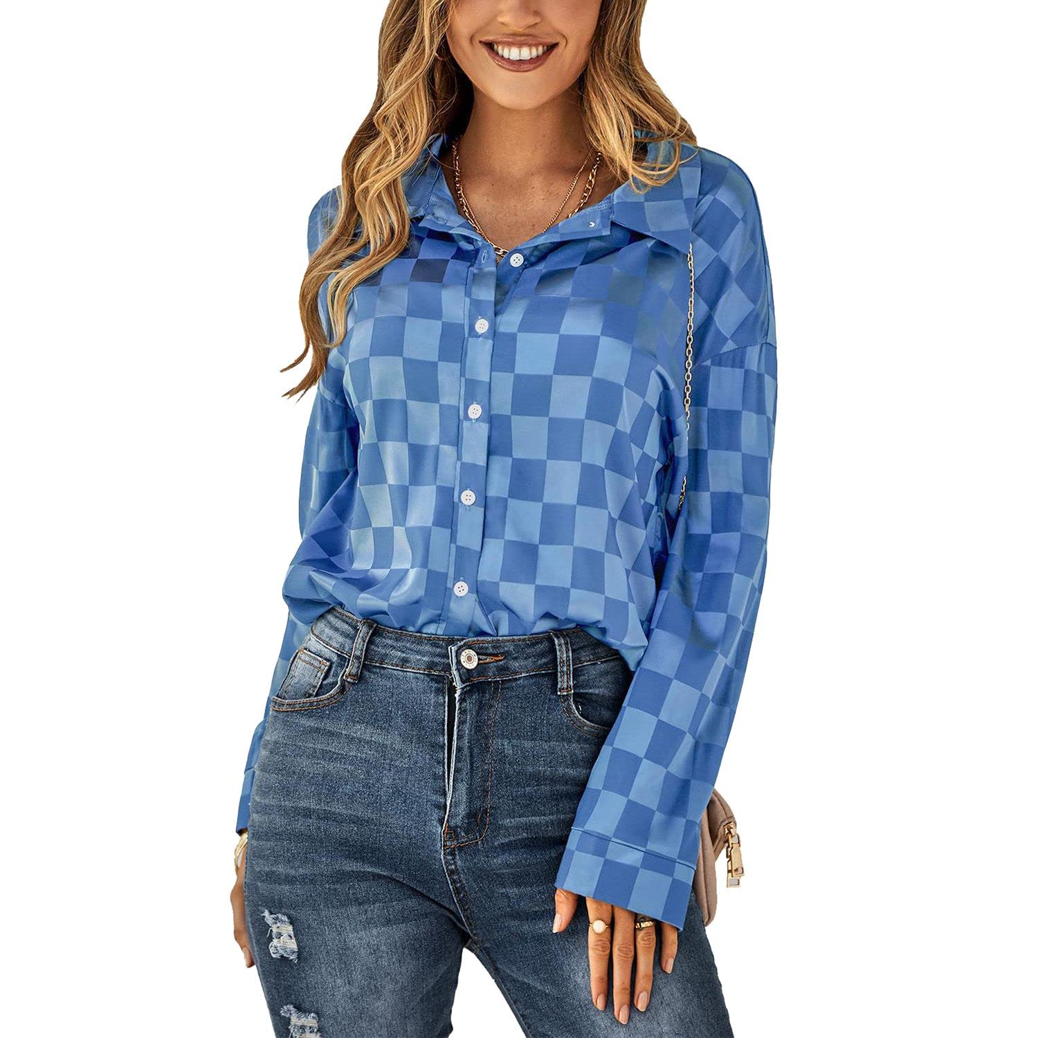 MAKARTHY Women's Satin Silk Long Sleeve Button Down Shirt Block Casual Loose Office Work Tunic Blouse Tops