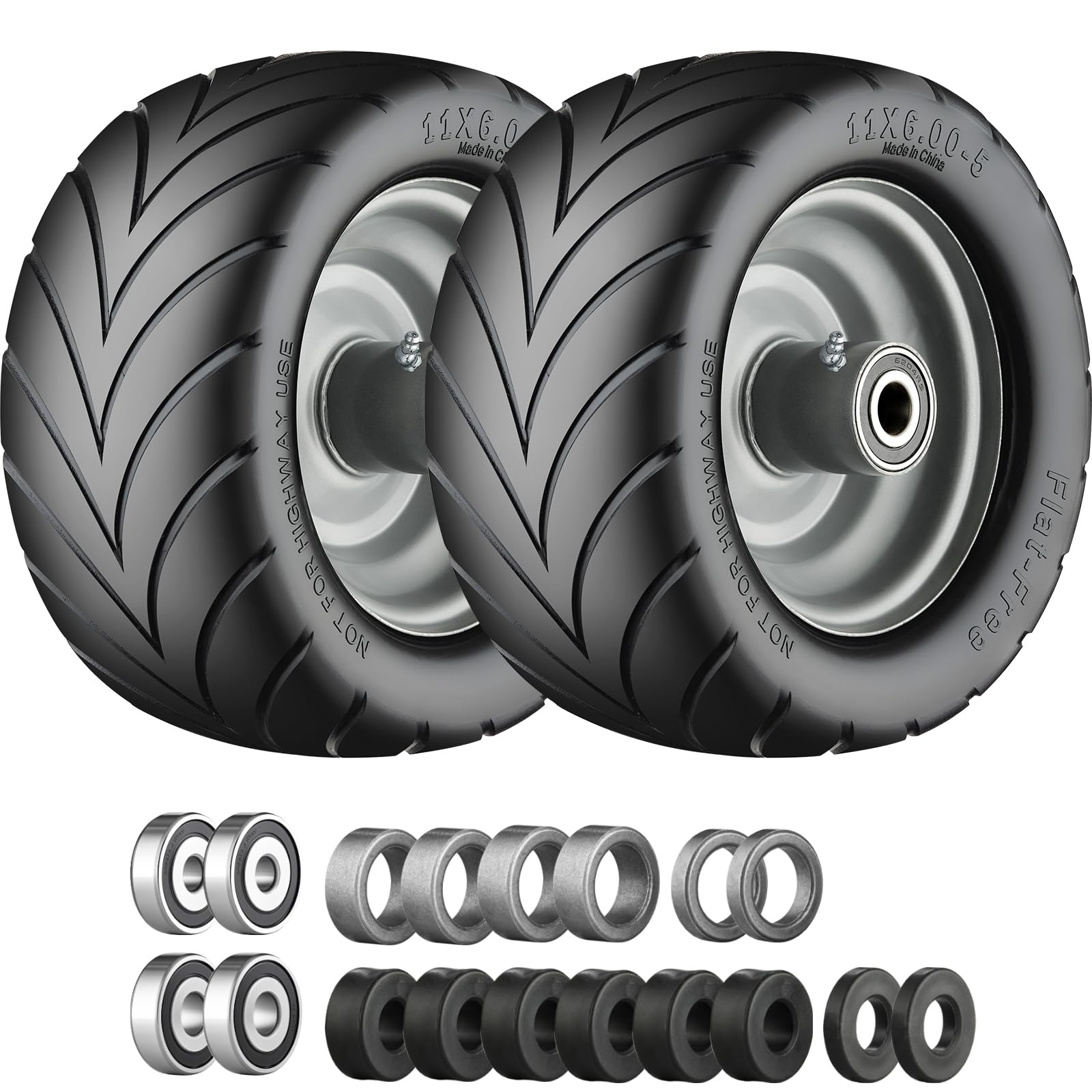 11x6.00-5 Flat Free Tire with Chevron Tread, Zero Turn Lawn Mower Tires with 3/4 or 5/8 and 1/2 Bearings, 5.2-8.3 Centered Hub,11x6.00-5 Tires for Zero Turn Mower Gray Rim - 2Pack