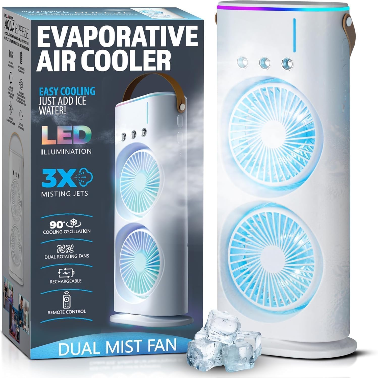 TEKCOOL Double Ended Spray Fan, Cold Air, 2025 New 3 Gears USB Rechargeable Oscillating one with LED Light Cooler, Touch & Remote Control, 280ml Water Tank, Ice Filling (White).;-image-15