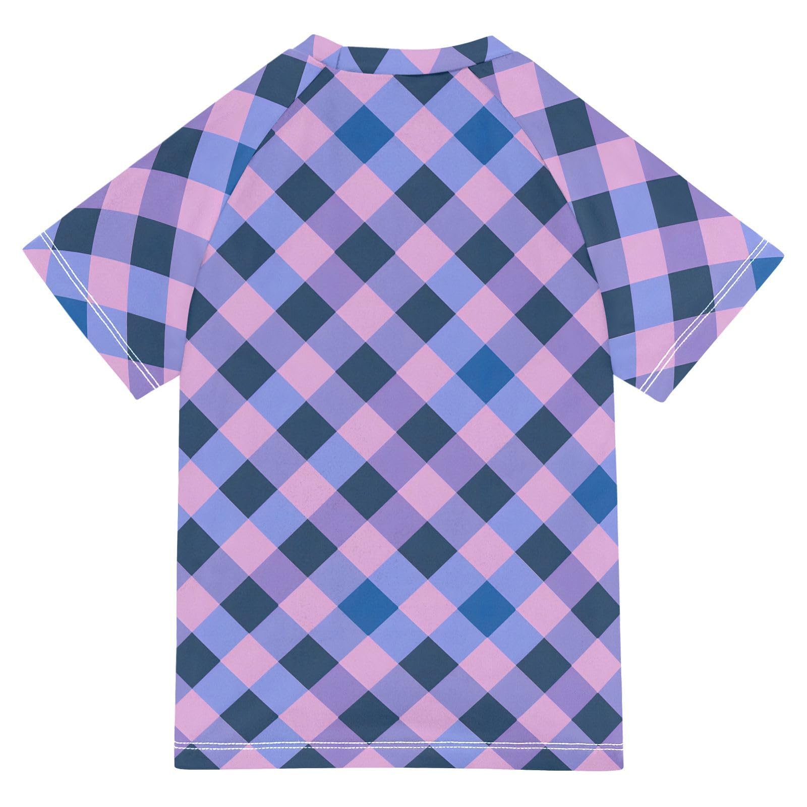 Boys Rash Guard Short Sleeve Swim Shirts for Boys Purple Blue Checkered Sun Protection 7-8T