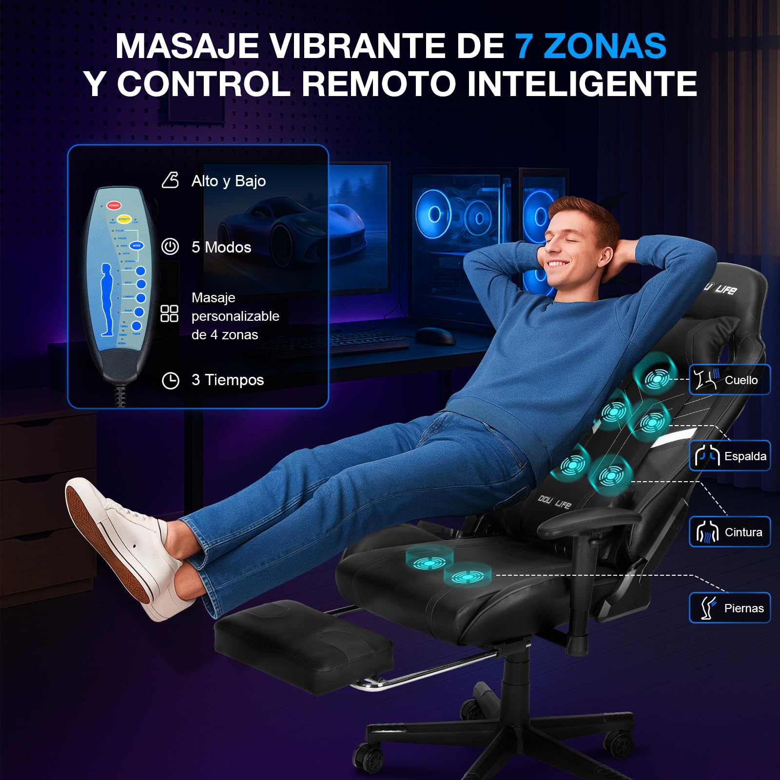 Douxlife Silla Gaming con Masaje de 7 Puntos, Silla de Oficina Ergonómica, Respaldo Ajustable 90-175°, Pasamanos 2D Ajustables, Capacidad de Carga 150-180 Kg, Negro Oscuro