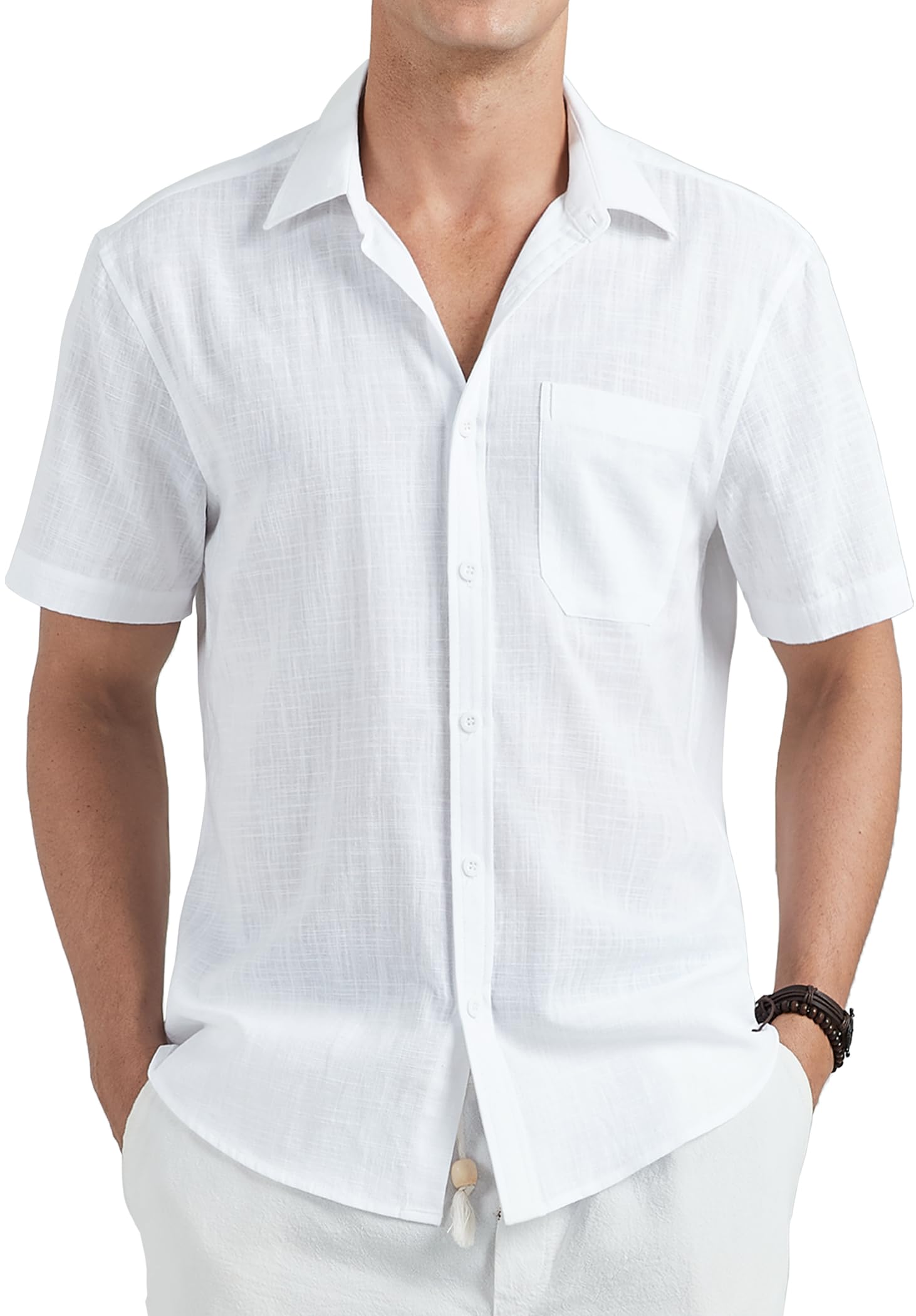 HISDERN Camisa Lino Hombre Manga Corta Casual Verano Color Sólido Camisas Elegante Algodón Camisa con Bolsillo con Botónes Shirt Regular Fit
