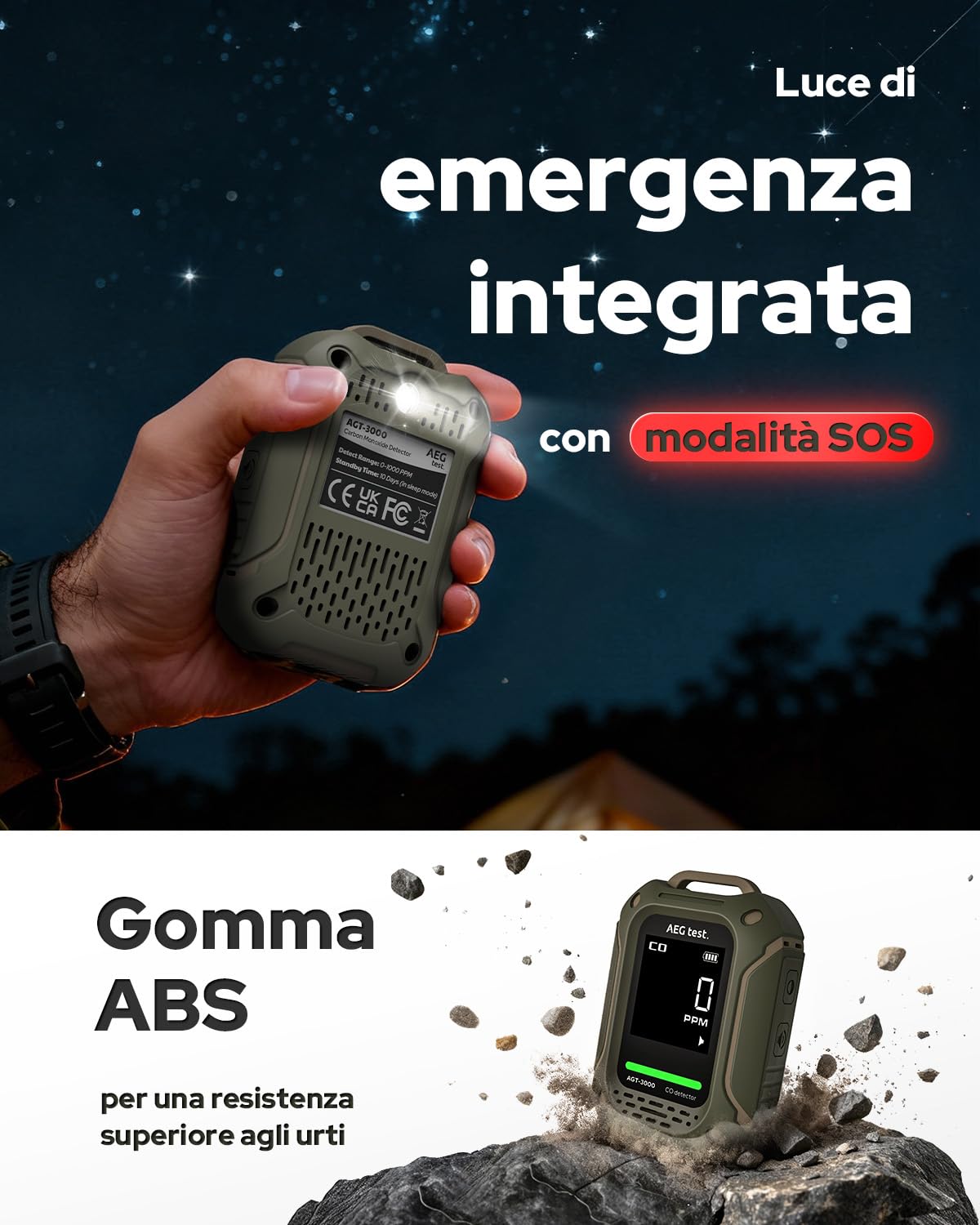 AGT-3000 Rilevatore portatile di monossido di carbonio, standby 240 h, sensore CO aggiornato per viaggi, rilevatore CO ricaricabile con allarmi sonori e visivi per campeggio, 0–1000 ppm