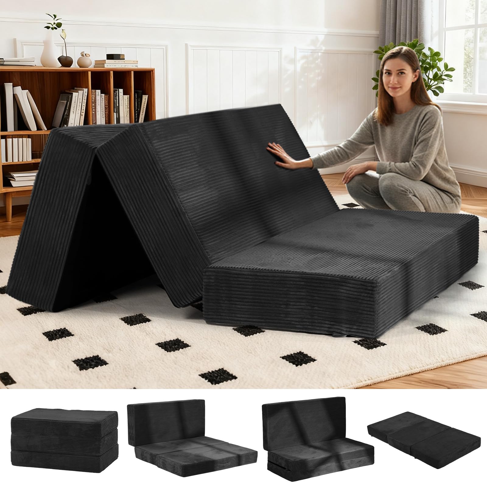 Photo 1 of 6-Inch Tri-Fold Foldable Mattress, Folding Sofa Bed with Removable Washable Cover, Portable Futon Mattress Full Size Floor Guest Mat with Non-Slip Bottom & Carry Handles for Camping (Black, Queen)