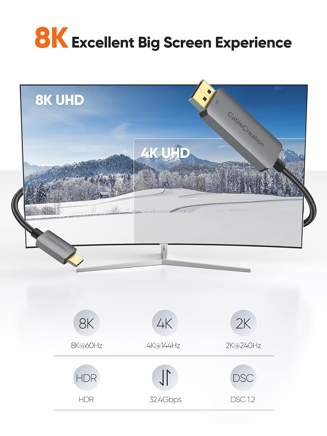 CableCreation USB C to DisplayPort Cable 6FT [8K@60Hz, 4K@144Hz, 2K@240Hz, HDR], Type-C to DP 1.4 Cord 32.4Gbps Compatible with Thunderbolt 3/4, Rift S, MacBook Pro/Air, XPS 13/15, Surface Pro