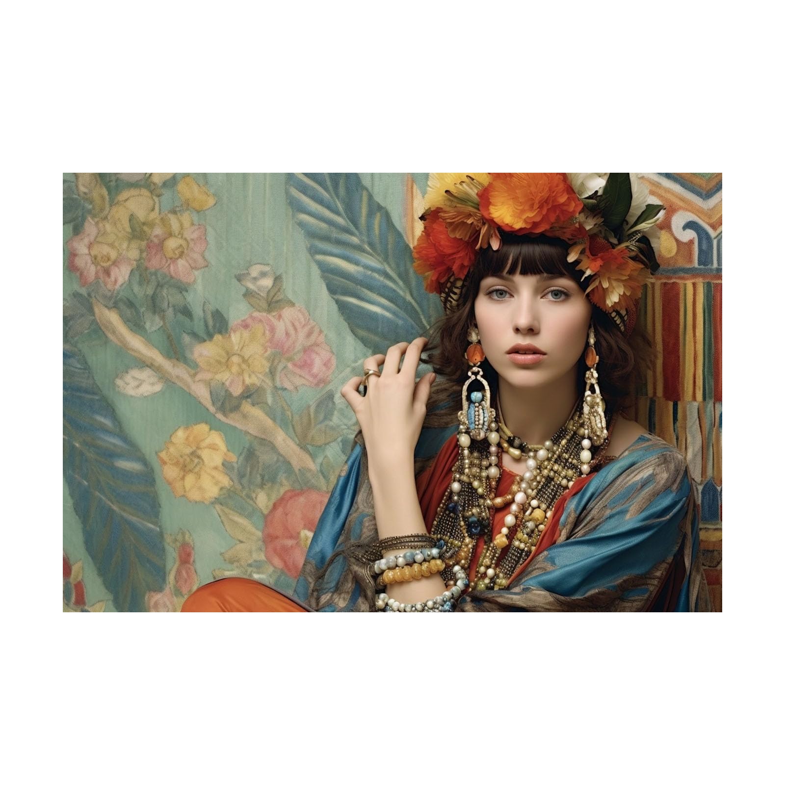 TERUEA Funny Bathroom Wall Art Print Bohemian Woman With Floral Headpiece And Colorful Jewelry Vintage Humor Wall Art Poster for Bathroom Toilet Decor(Blue)-70x100cm Unframed