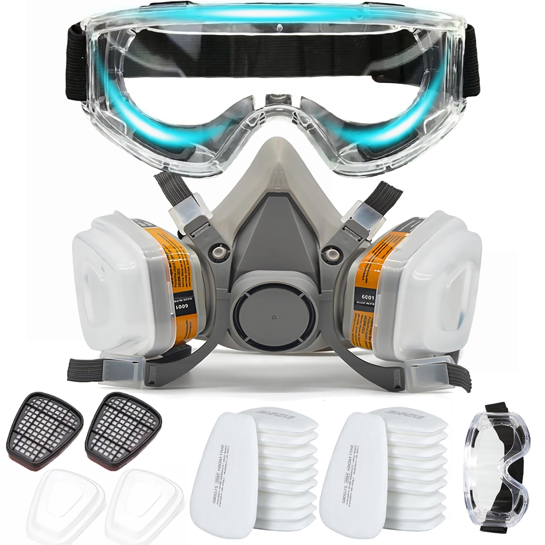SGIXBE Full Face Respirator Mask, Reusable with Replaceable Filters, Anti-fog, Black, Silicone, for Welding, Spray Painting, Chemical Handling (half face + 20 filter cotton +glasses)