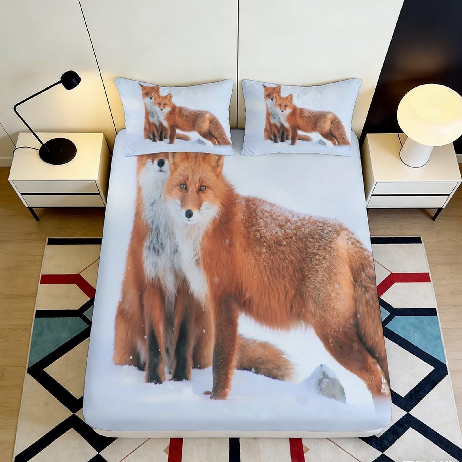 3D Printed Fox Pattern Fitted Sheet Microfiber Soft Breathable Snow Animal Bed Cover for Bedroom Dormitory Guest Room Mattress Protection Decor 140x200x25cm