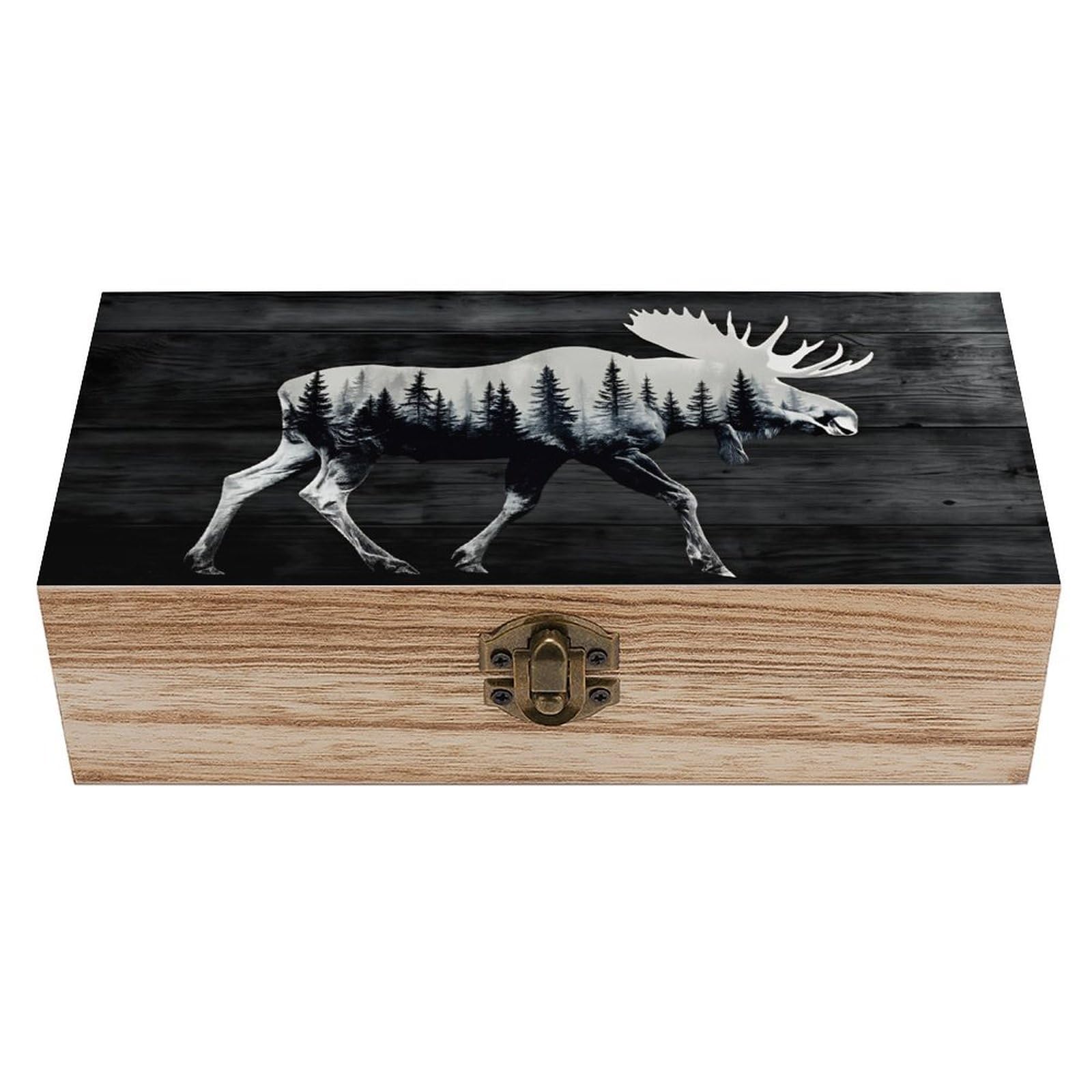SMAZDFXX Moose Silhouette Wildlife Wooden Keepsake Box Vintage Solid Wood with Hinged Lid 7.9"×3.7"×2.3" Metal Latch Rustic Home Decor for Jewelry Photos And Trinkets