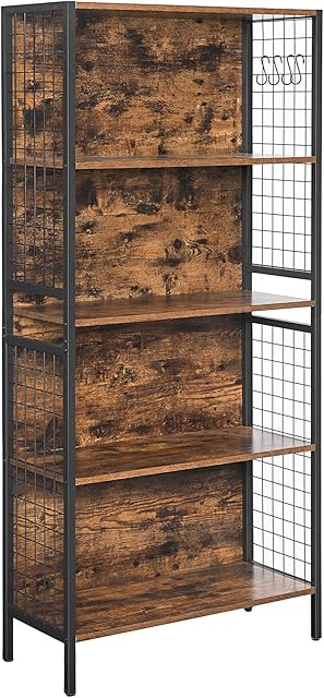 VASAGLE Bookcase, Office Storage Shelf, 4 Tiers for Books, Decorations, Stable Steel Frame, S-Shaped Hooks for Hanging, Living Room, Studio, Bedroom, Rustic Brown and Black LBC023B01