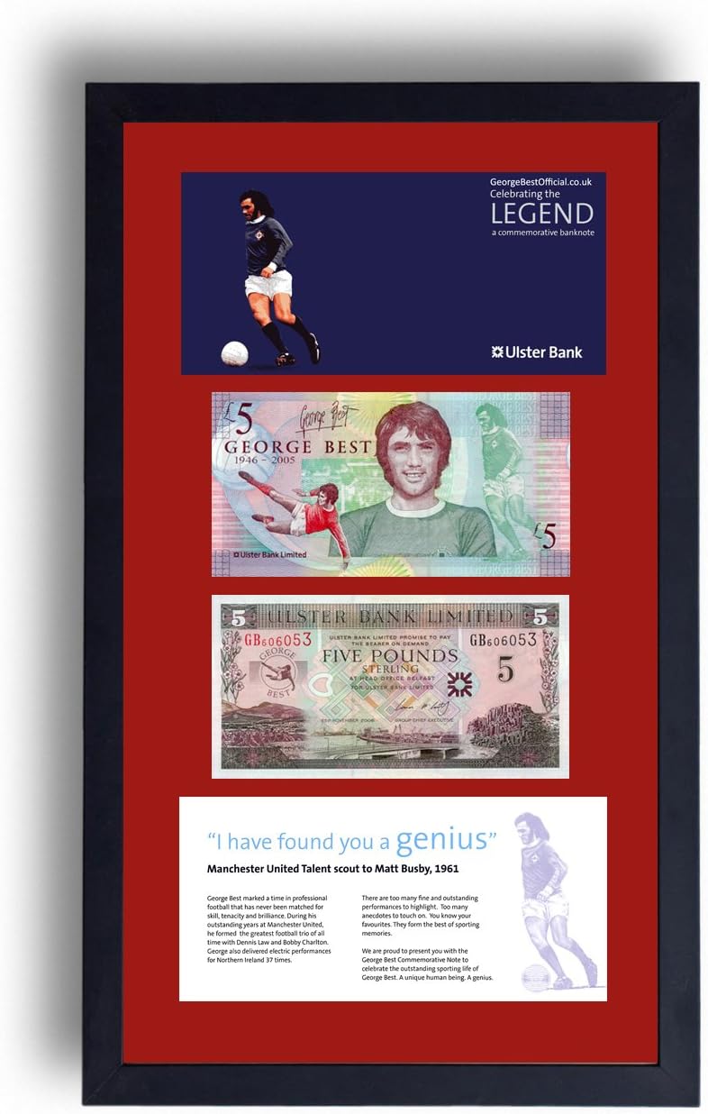 2 Rare Legal Tender Limited Edition George Best £5 Fiver Banknotes (Uncirculated) Framed