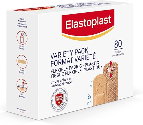 Miniatura 3 de ELASTOPLAST Paquete variado de vendajes adhesivos de tela y plástico (80 tiras), vendaje flexible y resistente al agua con adherencia completa,