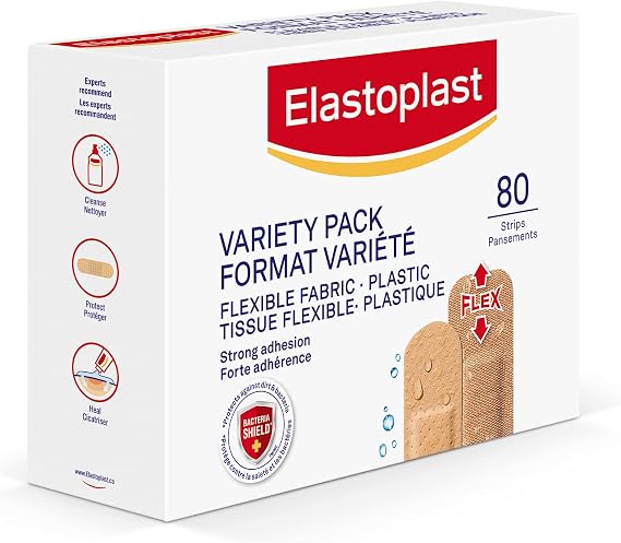 ELASTOPLAST Fabric and Plastic Adhesive Bandages Variety Pack (80 Strips), Flexible & Water-Resistant Bandage with All-Around Adhesion, Ideal for First Aid Kit (Imported from Canada)