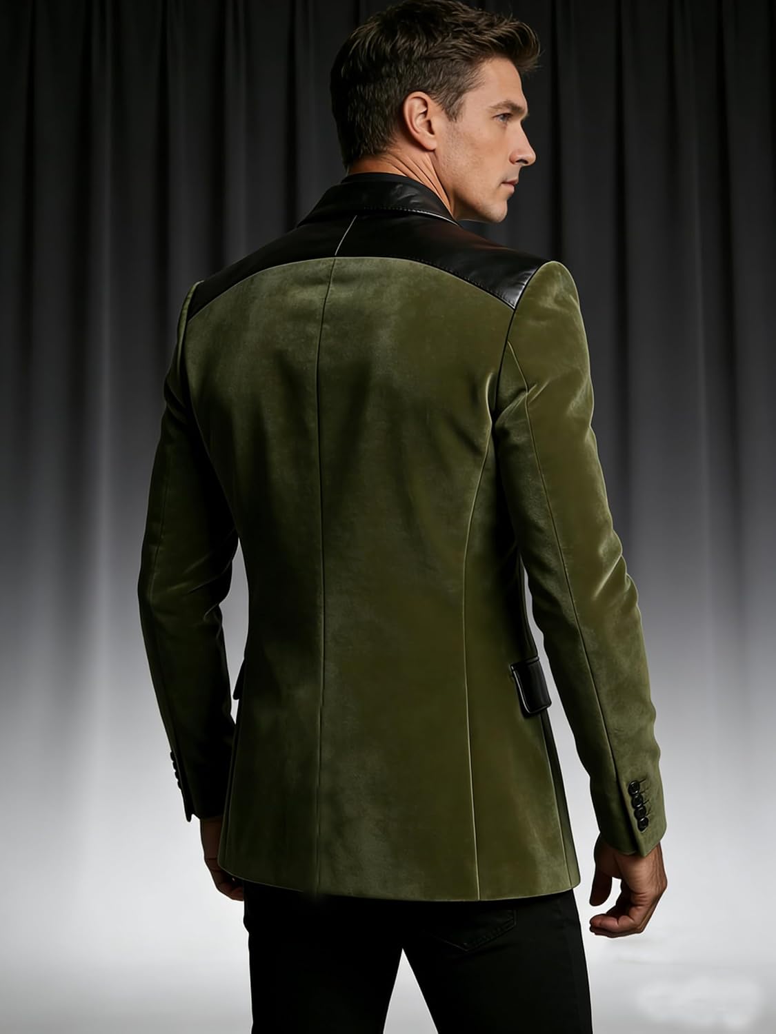 Men's Velvet Suit Jacket Velvet Blazer Splicing Leather Slim Fit Tuxedo Jacket Dinner Party Wedding Prom