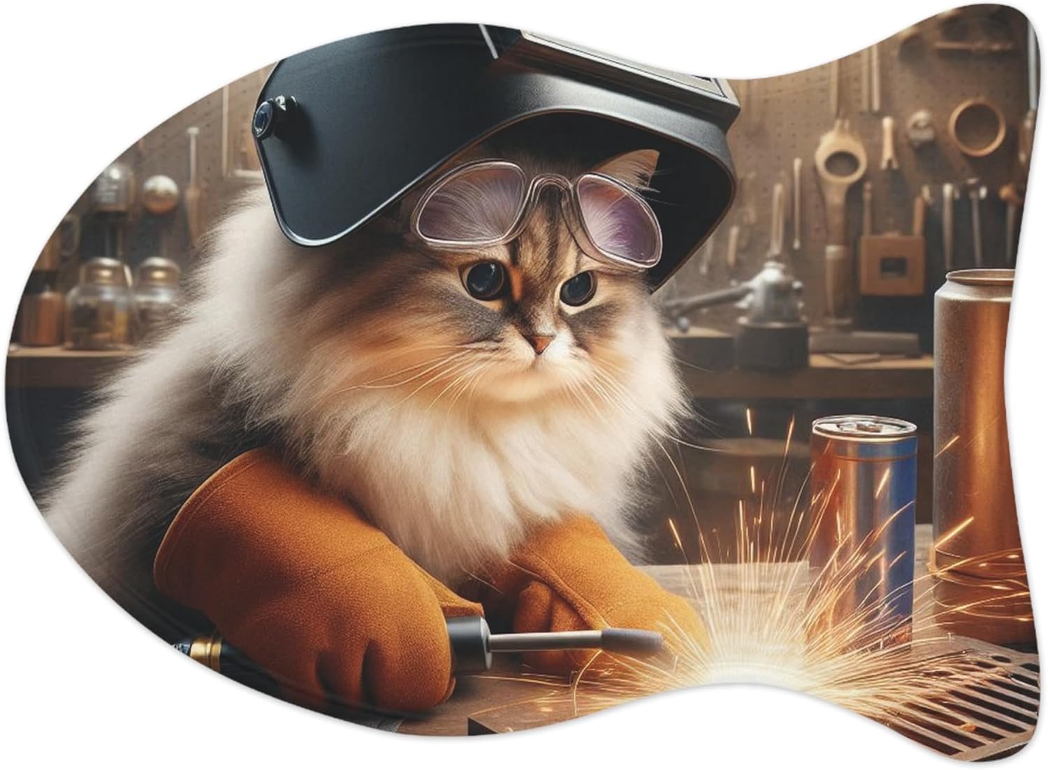 Vibrant Colors Anti-Slip Pet Feeding Mat - Realistic Welder Cat Design