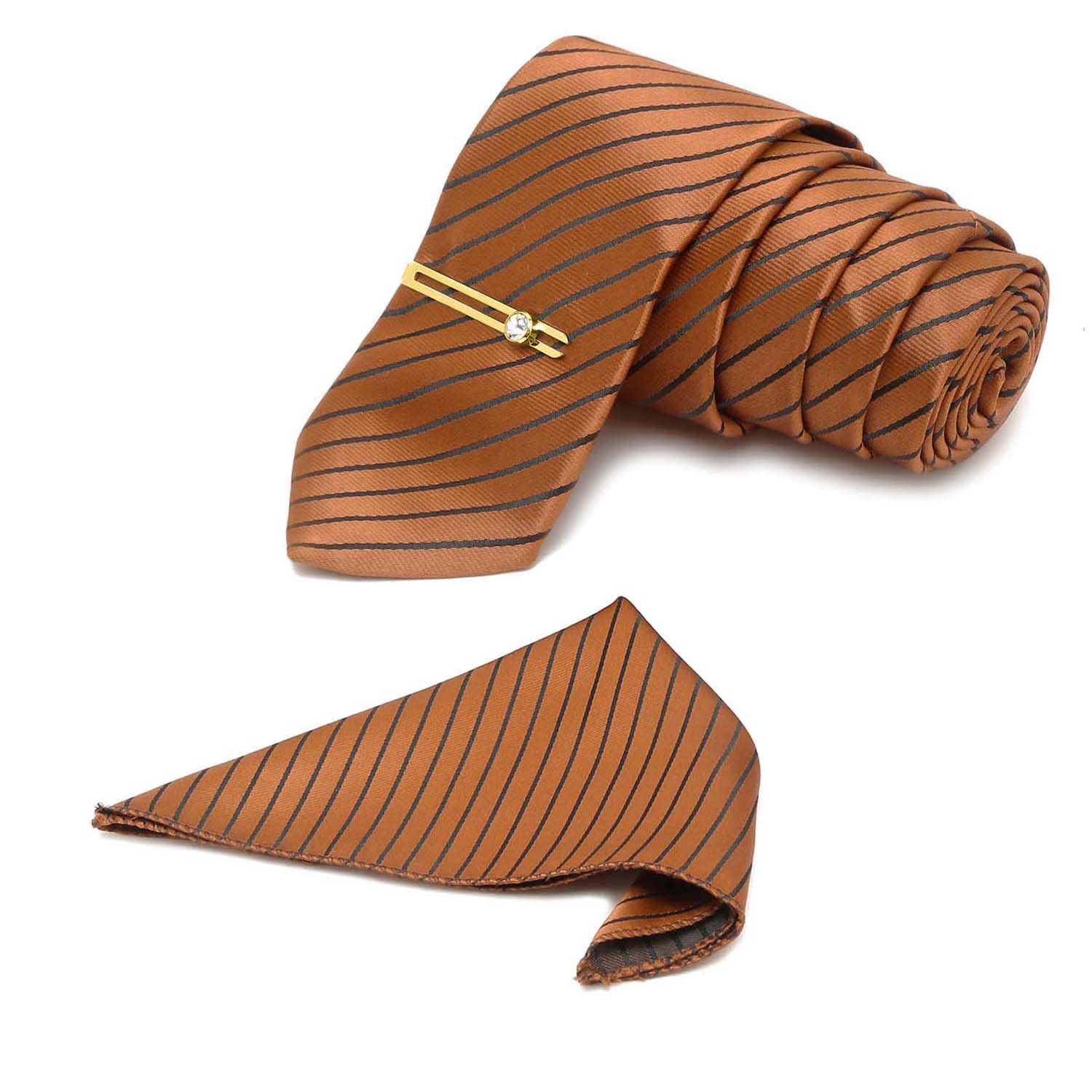 Mens Copper Brown Italian Silk Necktie Set Incl Pocket Square Golden Tiepin American Style Formal Tie Gift Set for Men (TEGPBR06)-image-42