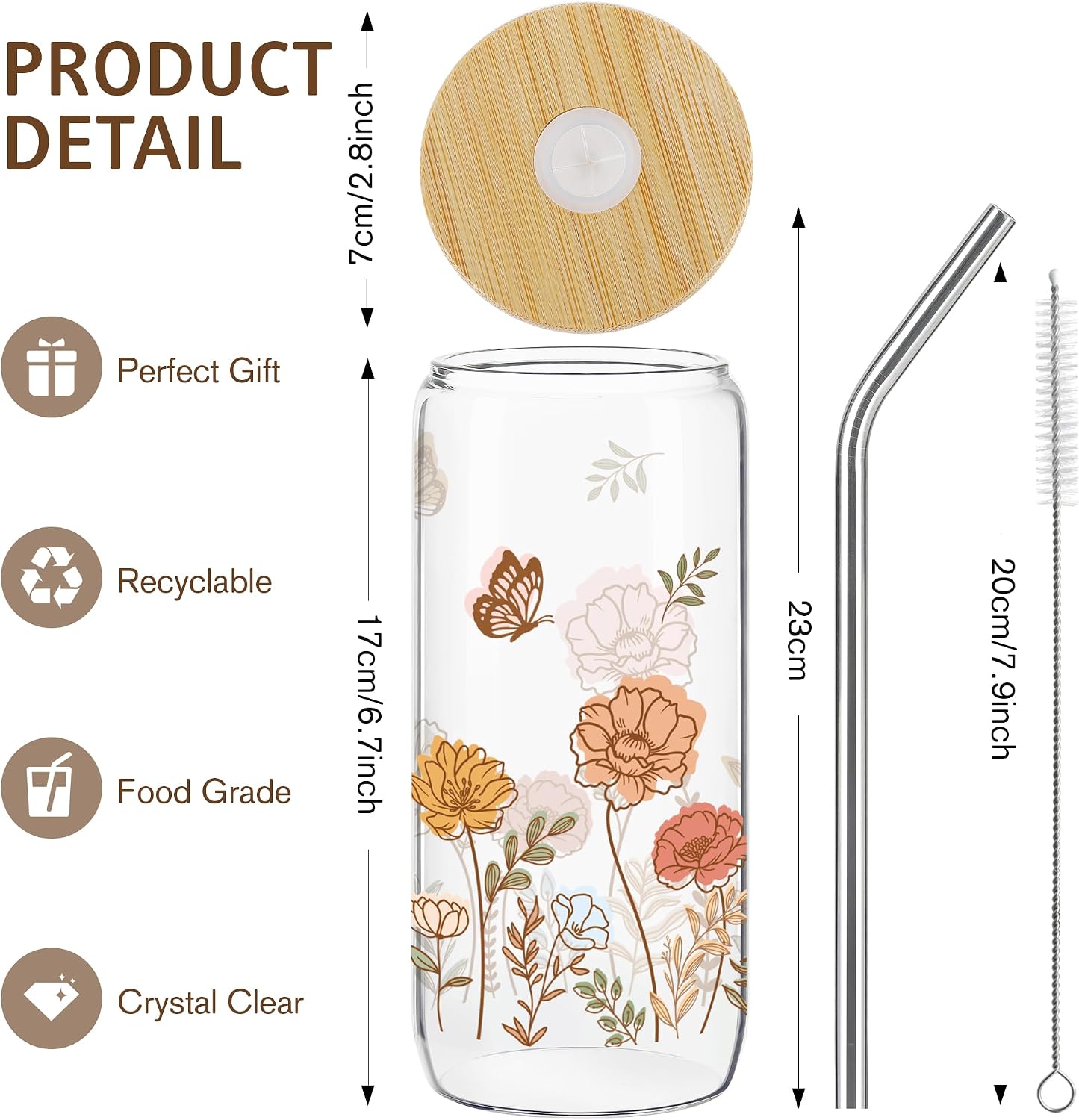 Joeyan Boho Floral Glass Cup with Lid & Straw, 20oz Aesthetic Tumbler Gifts