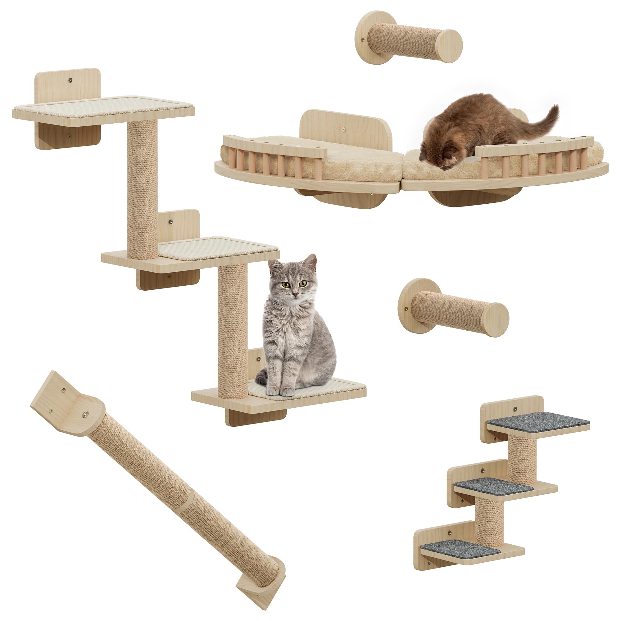 YITAHOME Set di 7 mobili per gatti in legno, con 3 tiragraffi, 2 piattaforme angolari, 2 scale per gatti, per dormire, giocare, lounge
