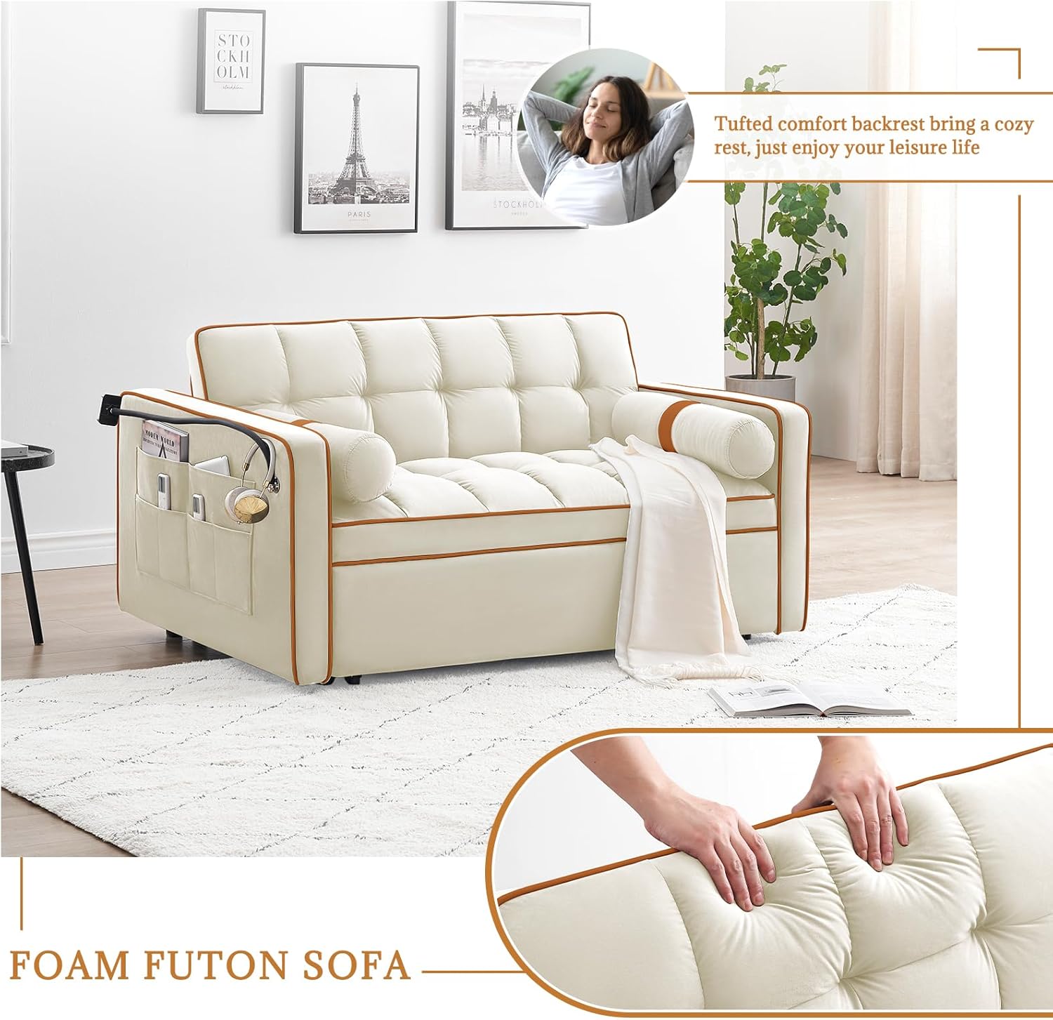 Antetek Upgraded Sleeper Sofa Couch Bed with Phone Holder, 3 in 1 Small Modern Convertible Velvet Loveseat Futon Sofa w/Pullout Bed, Adjustable Backrest for Living Room Apartment, Small Space, Beige