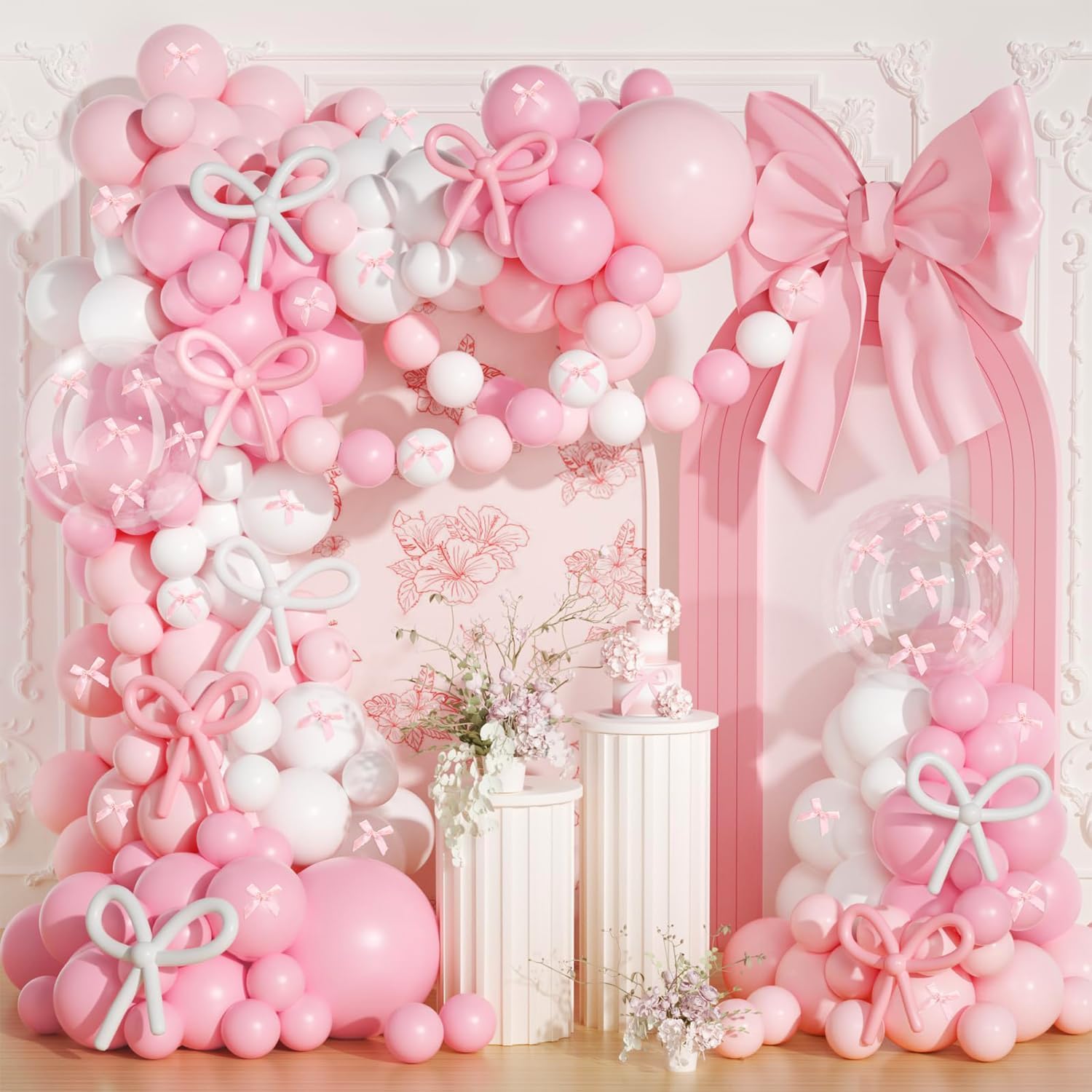 Pink and White Balloons Arch Kit, 199 PCS Pastel Bow Balloon Garland with 18 in Pink Clear Latex Long Balloons, Bow Decor for Women Birthday Bridal Boho Wedding Baby Shower Anniversary Bachelorette