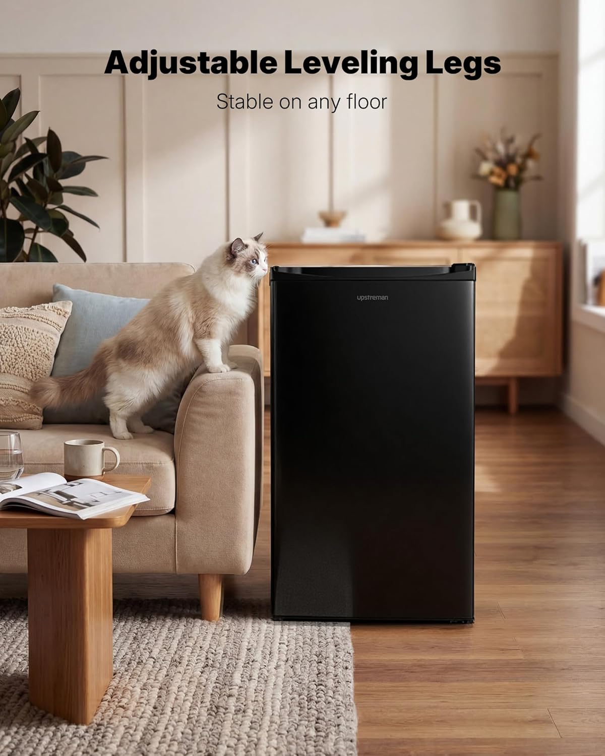 Upstreman 3.2 Cu.Ft Mini Fridge with Freezer, Single Door Mini Fridge, Dorm Fridge, Adjustable Thermostat, Mini Refrigerator for Bedroom, Office, Dorm, Black-BR321