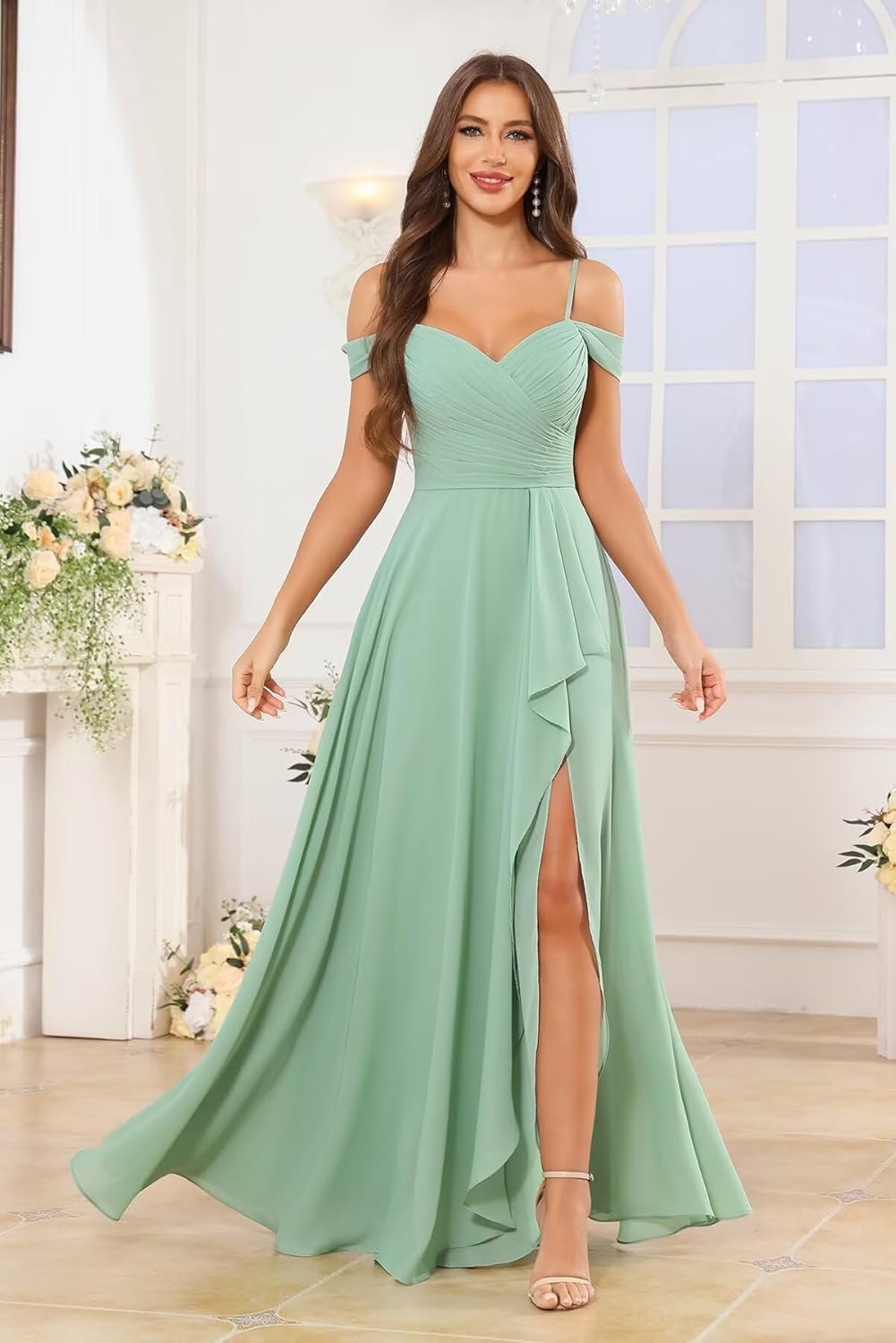 Off the Shoulder Bridesmaid Dresses for Women Pleated Ruffle Chiffon Wedding Guest Dresses
