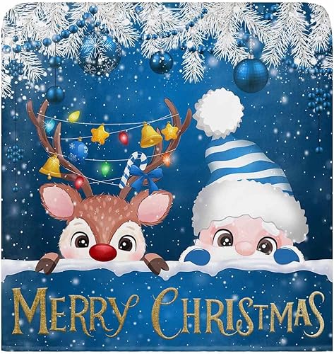 Miniatura 2 de Juego de 4 fundas elásticas para sillas de comedor, diseño de Papá Noel, color azul, diseño de alce navideño, fundas protectoras para sillas de