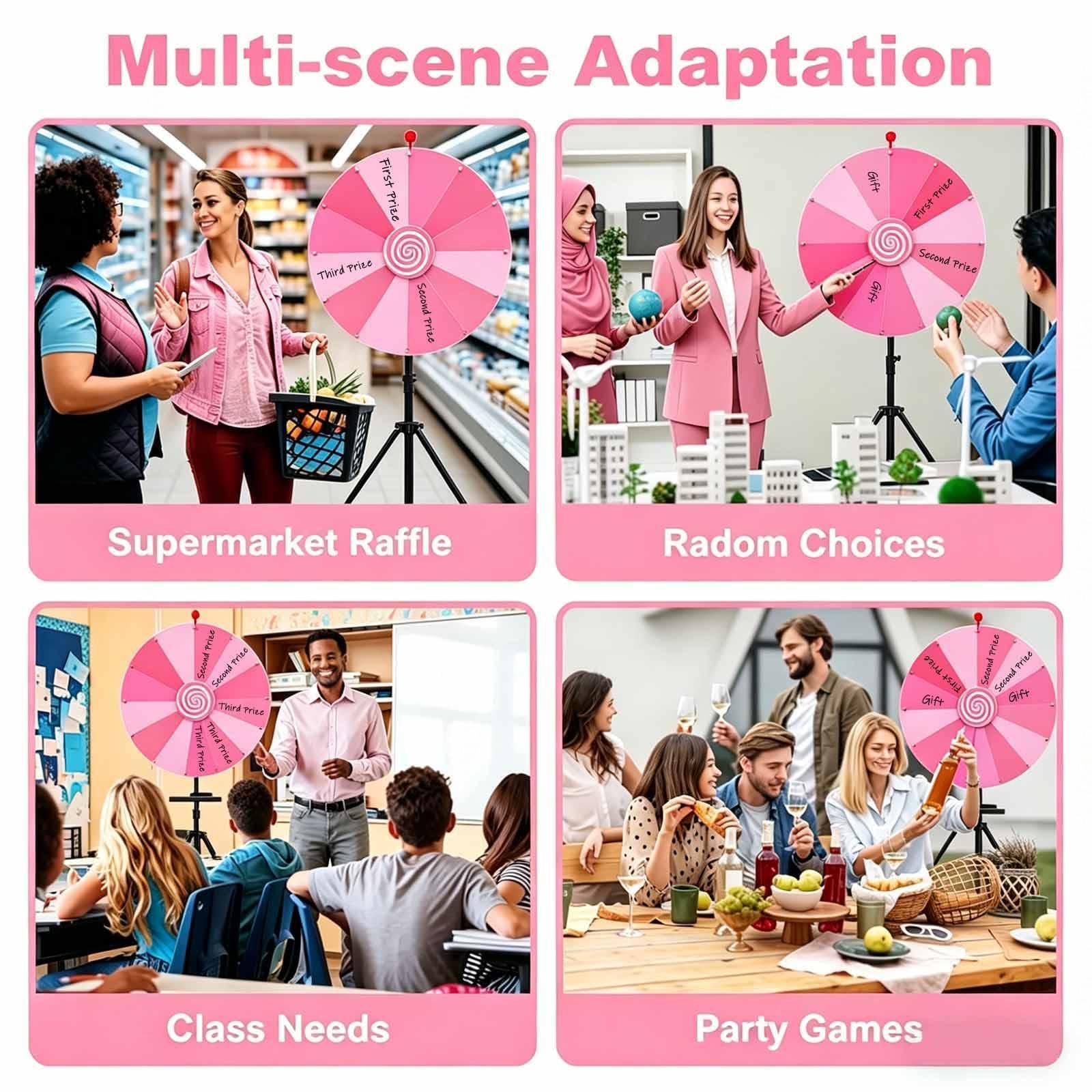 60cm Ruleta Giratoria Altura Ajustable 100-200cm, Spin Wheel con 14 Ranuras para Palabras Fiestas Carnaval,Pink