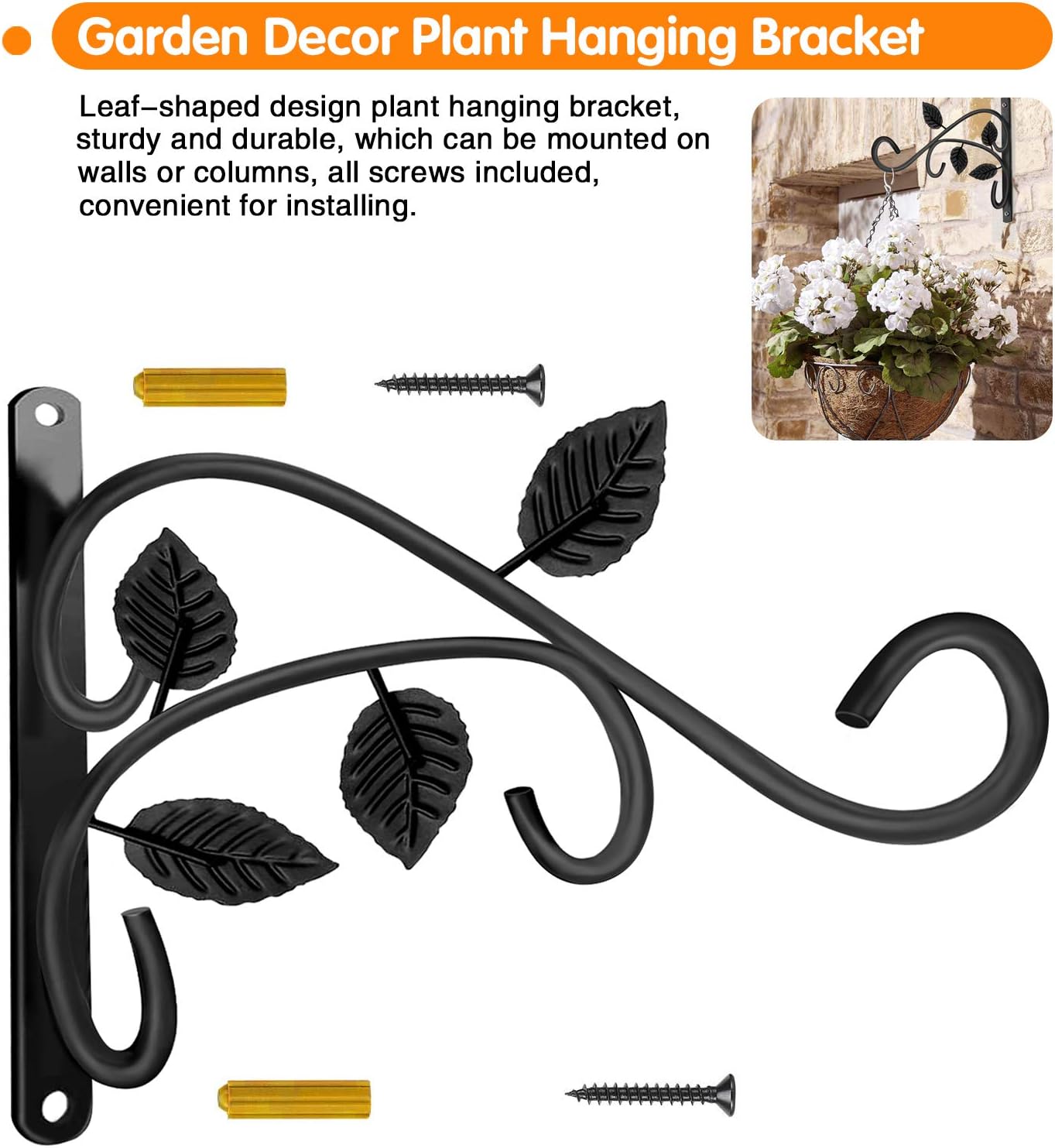 Hanging Plant Bracket, 12 Inch Wall Mount Hanging Plant Hook, Rust-Resistant Decorative Metal Plant Hanger for Flowers, Lanterns, Bird Feeders, Wind Chimes