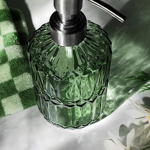 Miniatura 10 de Dispensador de jabón de vidrio verde para baño, paquete de 2 dispensadores de loción líquida de manos de 15 onzas con bomba para cocina, baño,