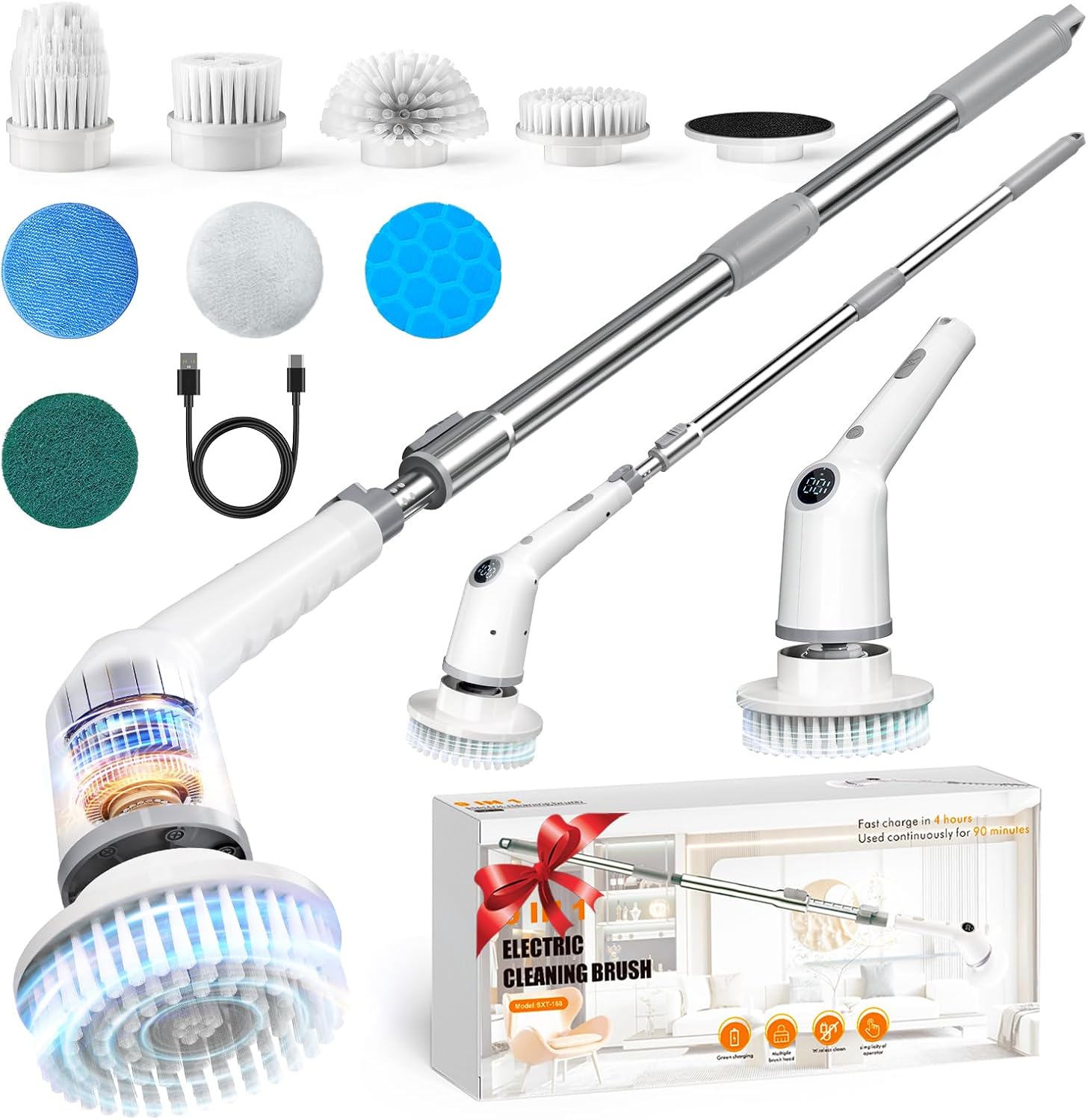 Limpiador eléctrico giratorio, cepillo de limpieza inalámbrico, limpiador de ducha de baño con mango largo ajustable, 3 velocidades, IPX7 resistente