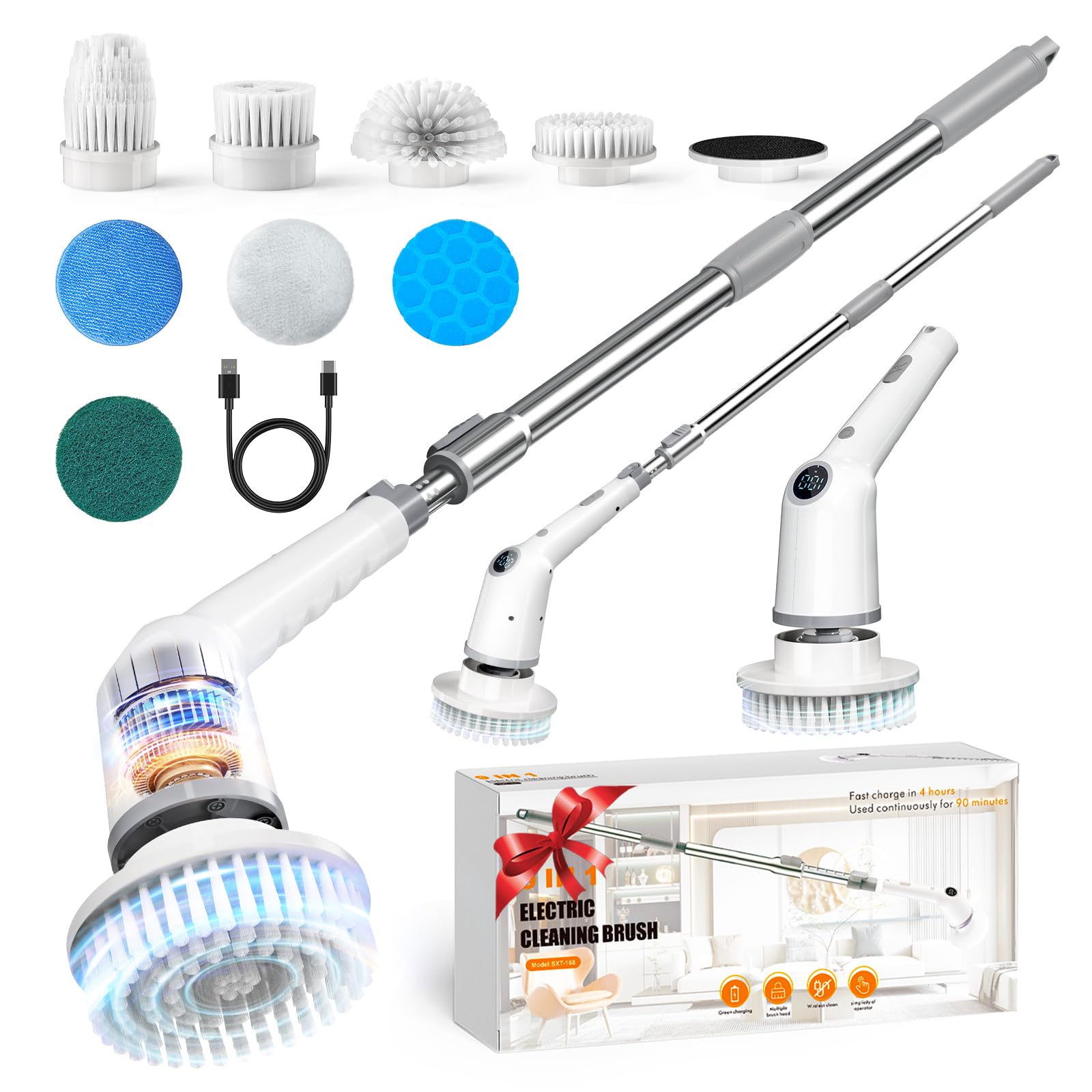 Electric Spin Scrubber,Cordless Cleaning Brush,Bathroom Shower Scrubber with Long Handle Adjustable,3 Speeds,IPX7 Waterproof,Digital Display,8