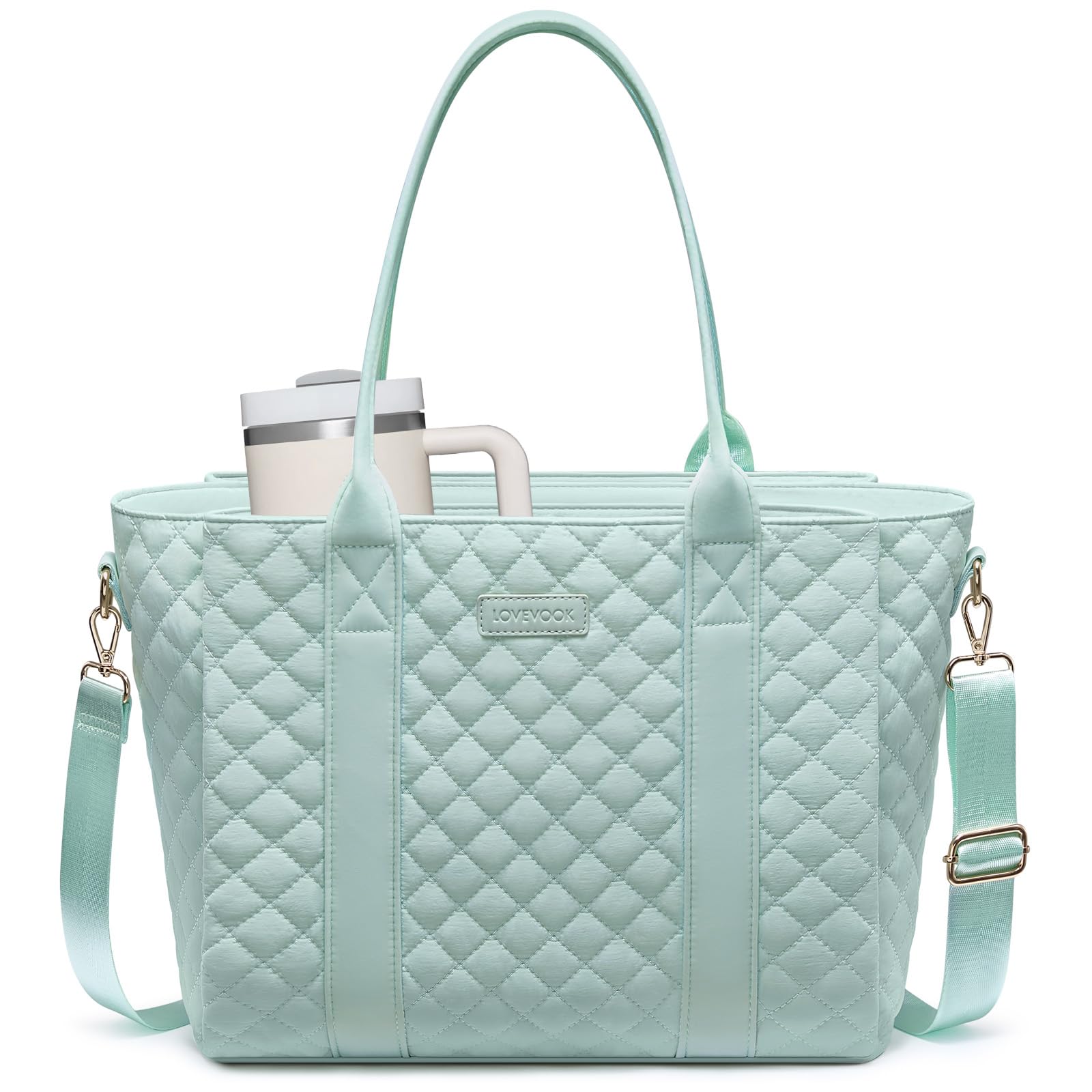 LOVEVOOK Teacher Tote Bag for Women, Work Tote Bag fits 15.6-Inch Laptop | Quilted Laptop Bag with 3 Compartments, 25L Large Tote with 40OZ Cup Holder for Nurse Office,13 pockets, luggage sleeve