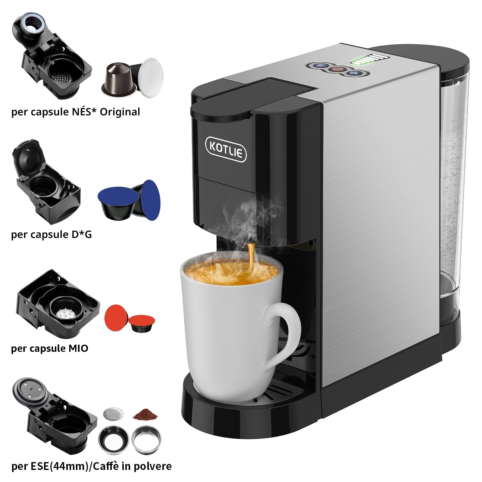 KOTLIE AC-513HF Macchina da caffè multifunzione 5 in 1 per NES/per DG/Caffè in polvere/ESE(44 mm)/per a modo mio, per tazze alte (Nero)