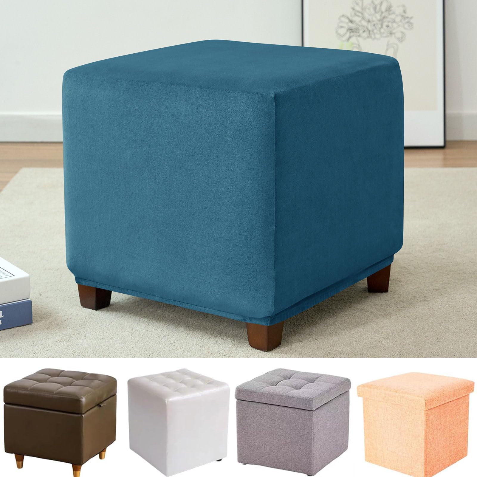 Housse De Pouf Carrée En Velours élastique - Taille Unique 55x55cm - Antidérapante Et Lavable - Couleur Bleu Profond