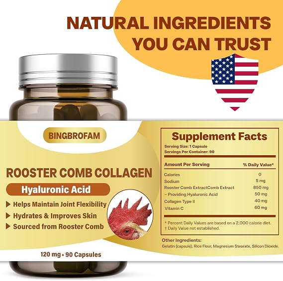Rooster Comb Collagen, Natural Hyaluronic Acid Supplement for Joint Support, Mobility & Skin Hydration 120mg 60 Capsule