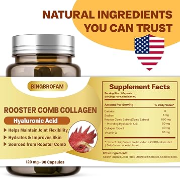 Rooster Comb Collagen, Natural Hyaluronic Acid Supplement for Joint Support, Mobility & Skin Hydration 120mg 60 Capsule
