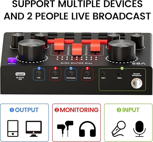 Miniatura 7 de Paquete de equipo de podcast para 2, interfaz de audio con micrófono BM800 de diseñador cardioide para jugadores y mezclador de DJ todo en uno,