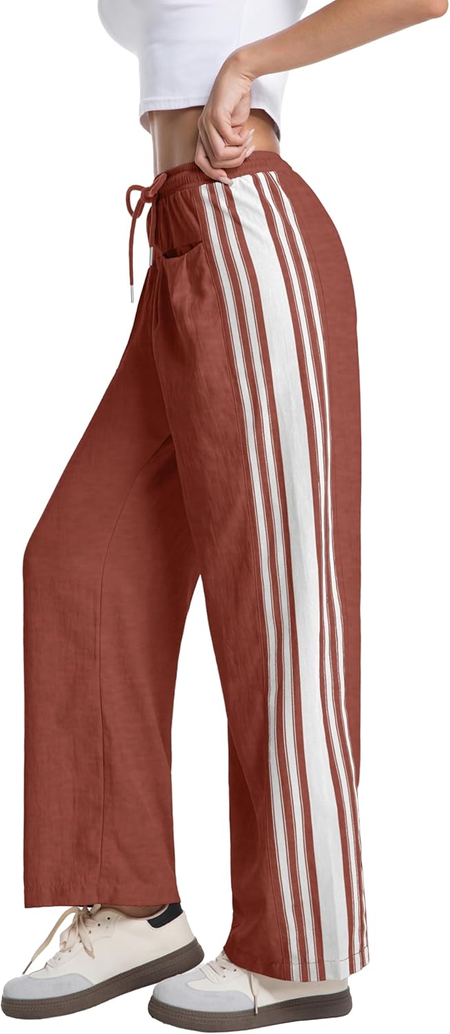 Womens Wide Leg Track Pants Side Striped Casual Drawstring Baggy Palazzo Pant with Pockets - Image 5