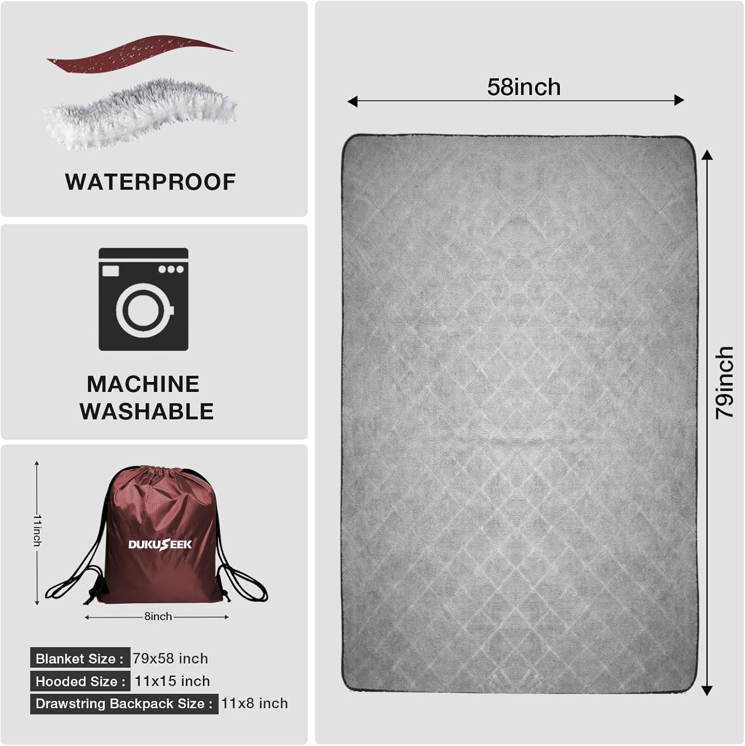 DUKUSEEK Outdoors Waterproof Throw Blanket with Hood, 79”x 59” Sherpa Fleece Stadium Windproof Blankets for Boat, Traveling, Camping, Football, Dogs, Outdoor Sporting Events-Machine Washable