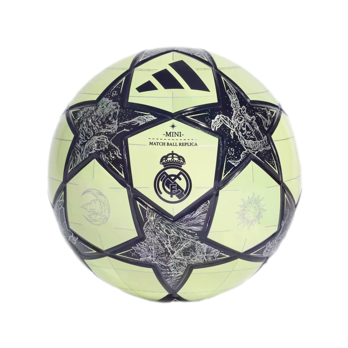 adidas Mini Fußball des FC Real Madrid Unisex für Erwachsene, neon grün/silber metallisch/royal blau, Größe 1