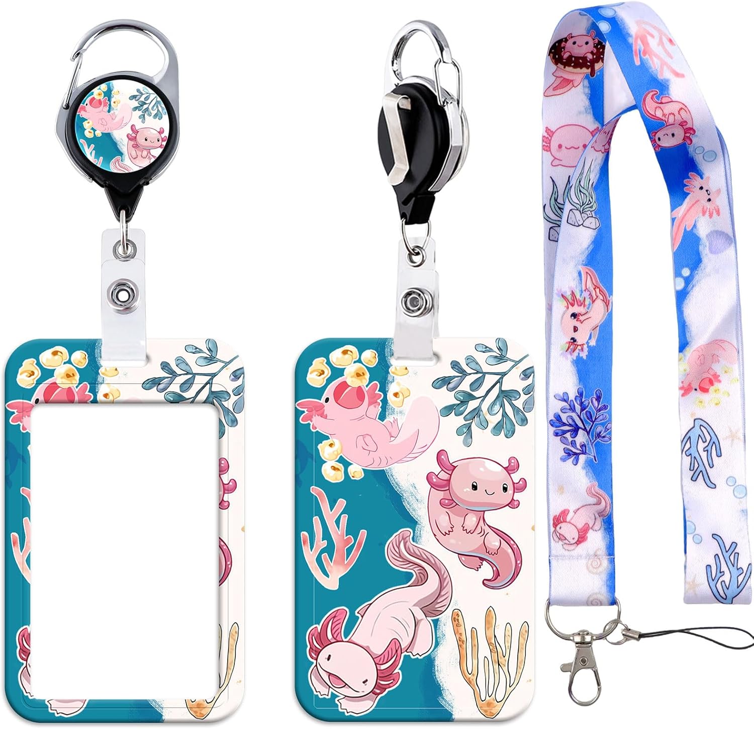 Cute Axolotl Badge Holder with Neck Lanyard, Name Tag Badge Holder, Retractable Reel Clip, Silky Neck Lanyard, Kawaii Animal Lanyards with Keychain for Kids, Girls, Women