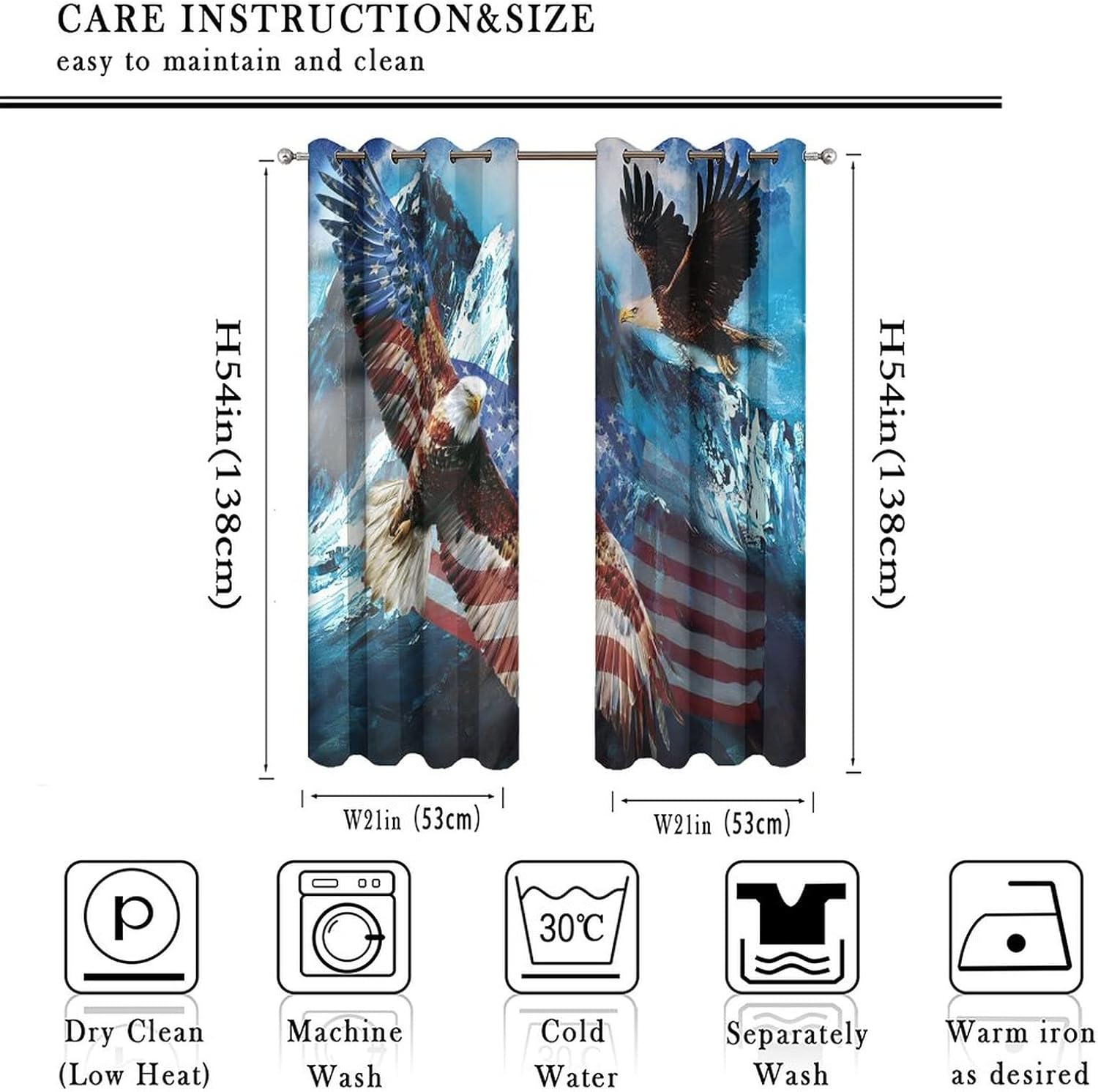 US Flag Bald Eagle Ultra Soft Premier Blackout Curtains,Vintage Oil Painting Winter Forest Snowy Mountains Eagle American Flag Thermal Insulated Bedroom Noise Reducing Grommet Top,2 Panels 54L x 21W