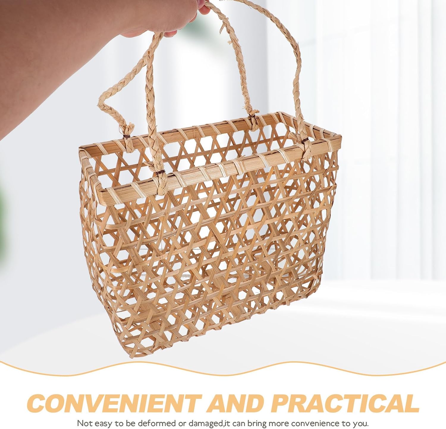 Woven Storage Basket Handheld Portable with Cotton Rope Handle, Hexagonal Weave, 30x15x25cm, Rustic Flower and Fruit Basket for Kitchen and Home Organization image 3