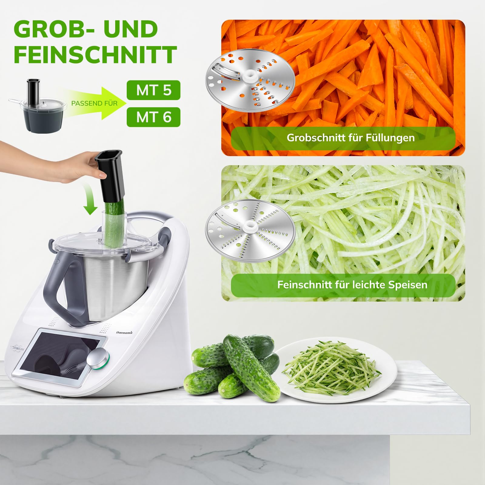 Gemüseschneider für Thermomix TM5 & TM6, Spiralschneider & Gemüsereibe Edelstahl für Zucchini Kartoffeln Karotten Obst, Vegetable Chopper Slicer Gemüsefriseur mit 2 Schnittstärken Ohne Küchenmaschine