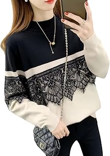 [7-livehouse] セーター レディース ニット トップス カットソー スタンドカラー 長袖 レース切り替え 体型カバー 花柄 バイカラー 上品 おしゃれ 暖かい 厚手 可愛い カジュアル 通勤 春 秋 冬